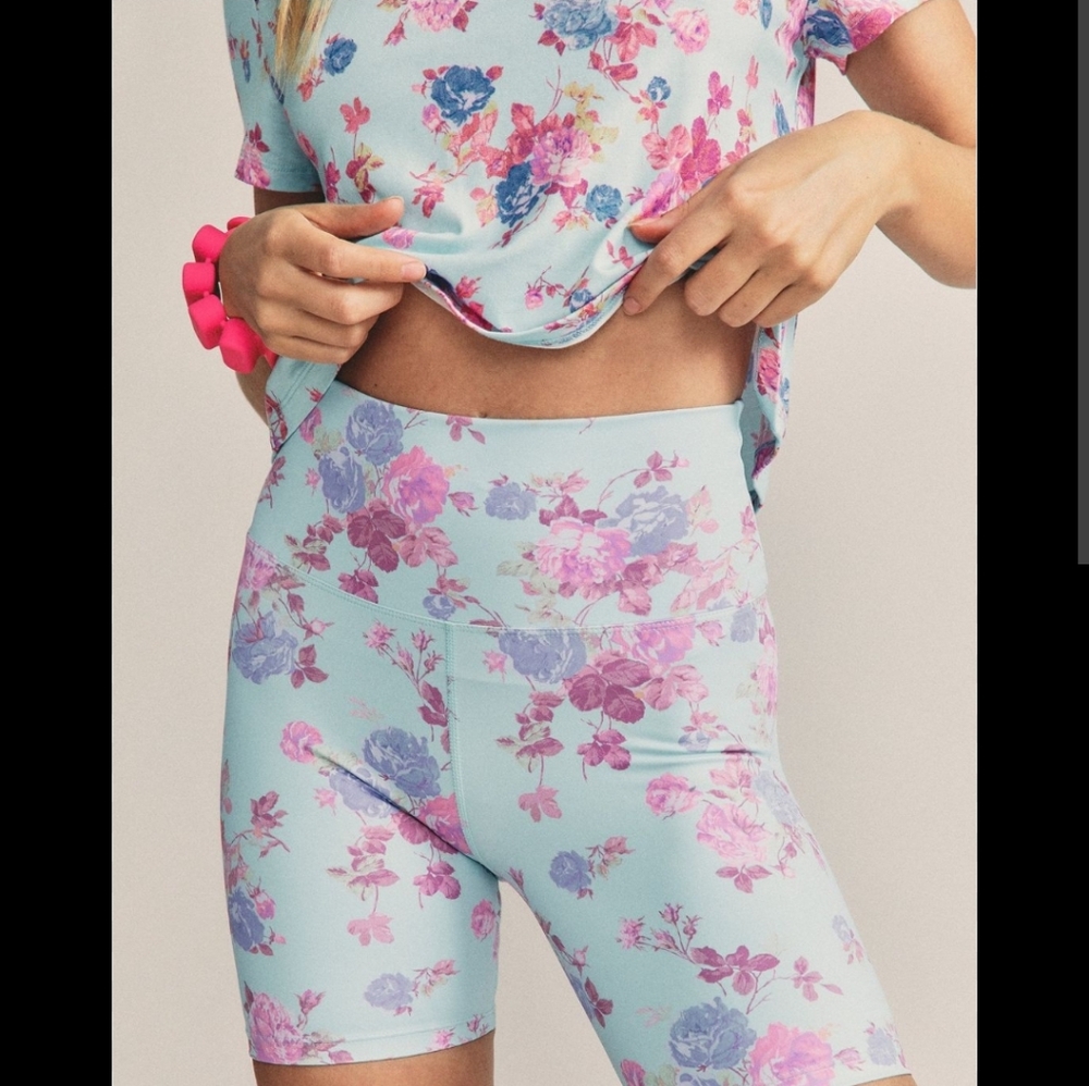 LoveShackFancy Pink and Blue Bike Shorts with Floral Design